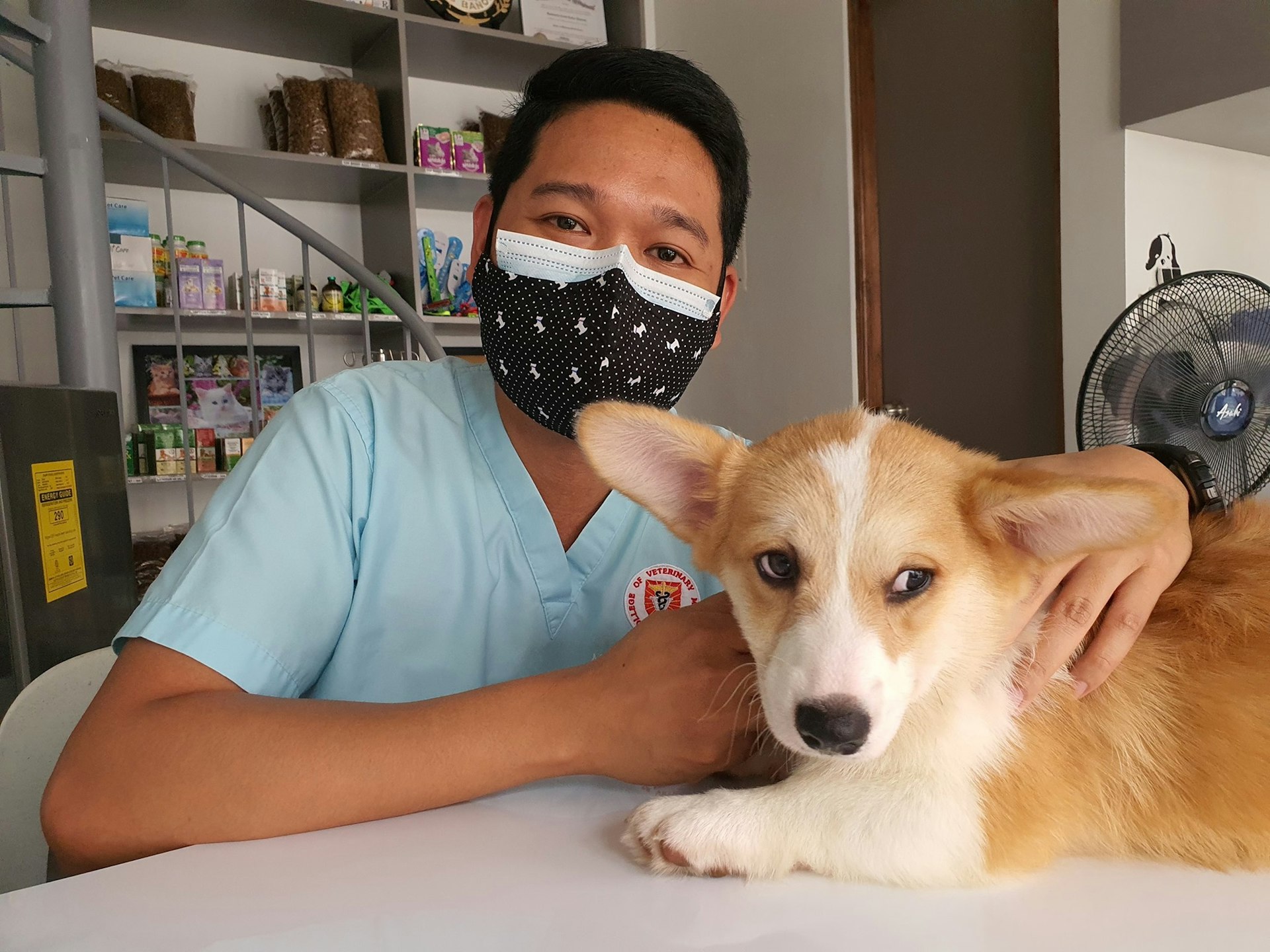 a man wearing a face mask sitting next to a dog